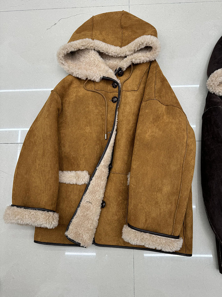 Women Shearling Fur Suede Hooded Coat