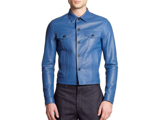 Men’s Slim Fit Blue Genuine Leather Jacket