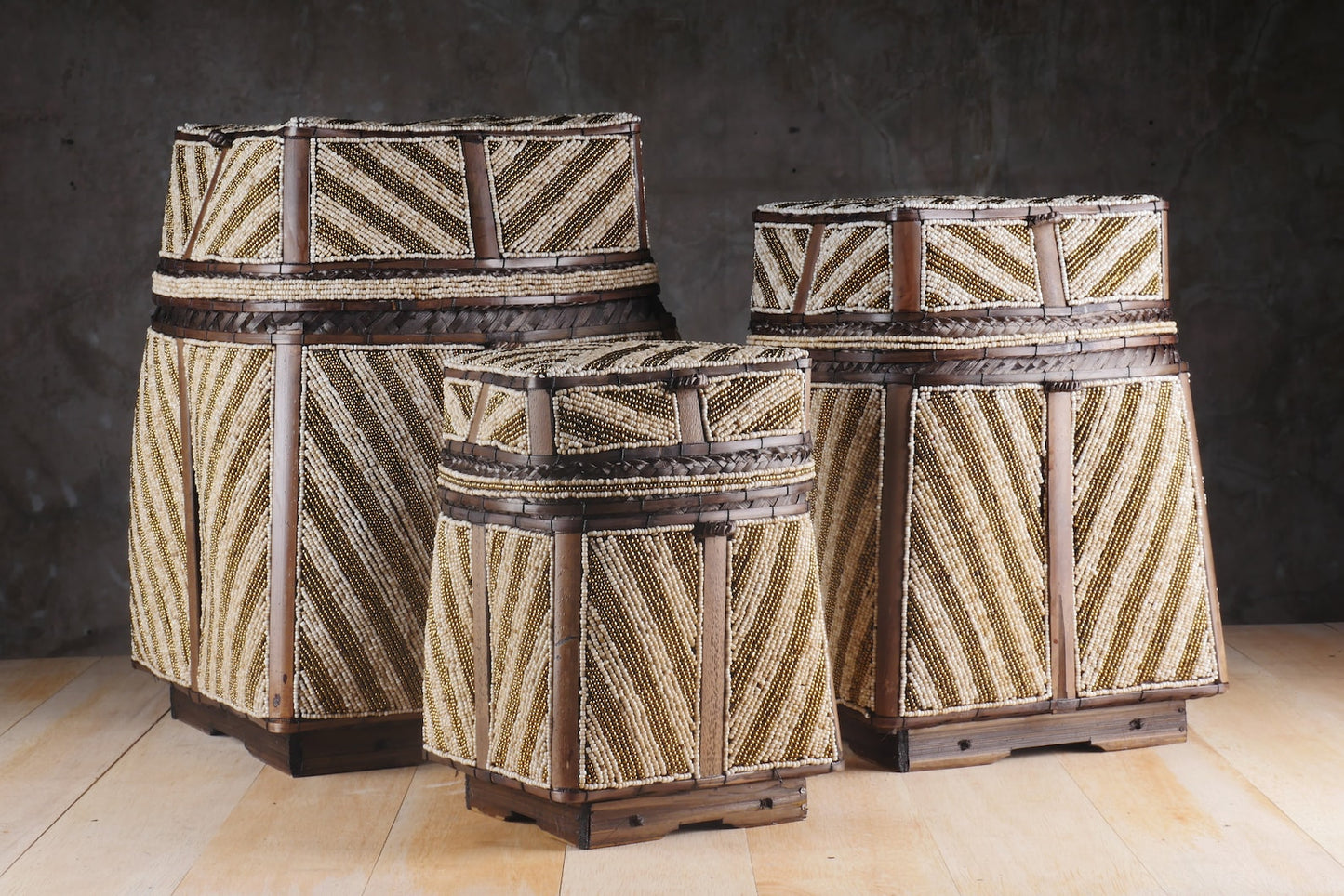 Large Decorative Woven Beaded Bamboo Basket Set