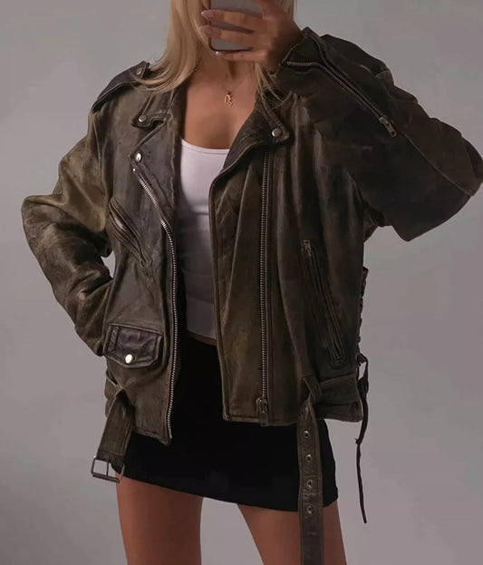 Oversized Women Leather Jacket Distressed