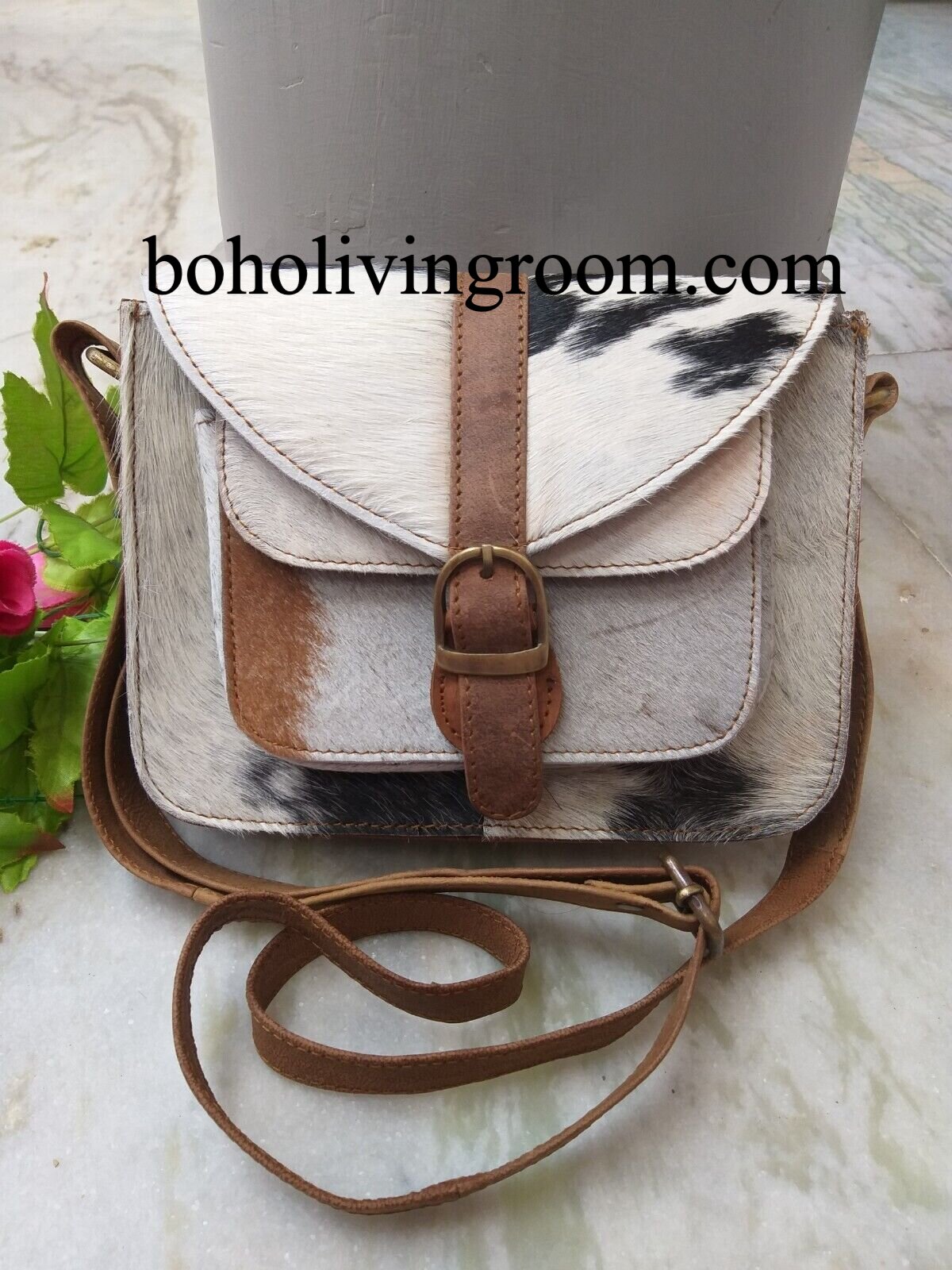 Real Cowhide Sling Bag Black White