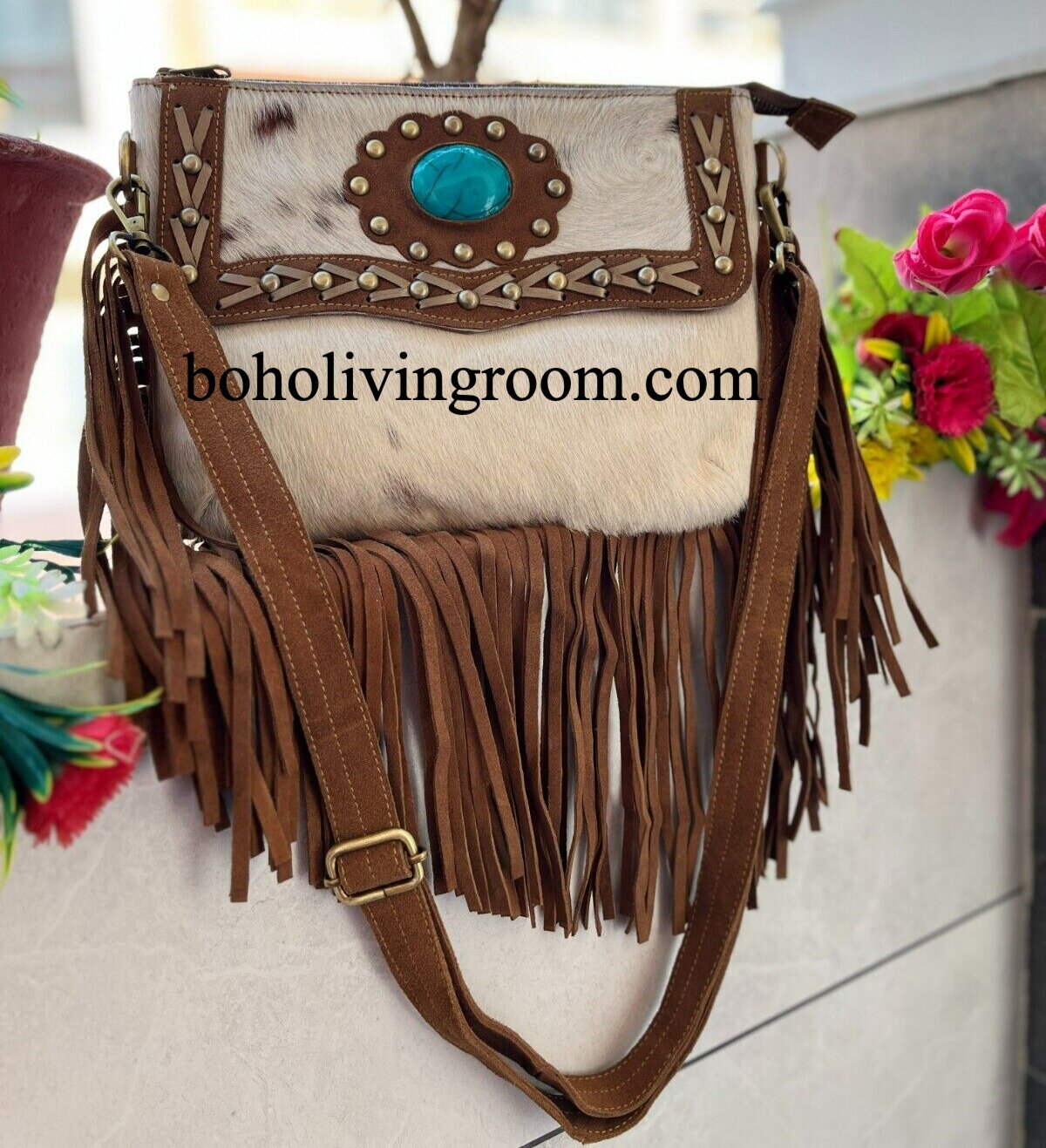 Brown White Cowhide Tooled Bag