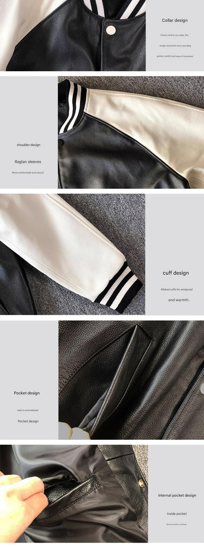 Men Genuine Leather Varsity Jacket Bomber