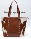 Brown white cowhide leather tote bag