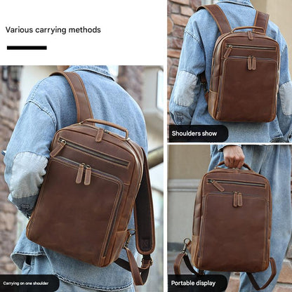 Men’s Leather Backpack with Trolley Sleeve 15.6-Inch Laptop