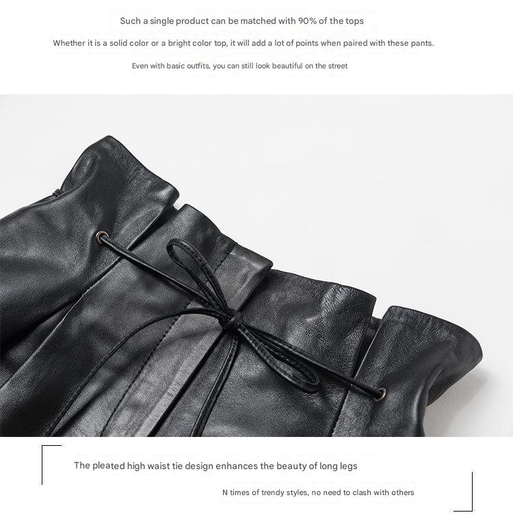 Women Leather Shorts High Waist Wide Leg Pleated Lace-Up