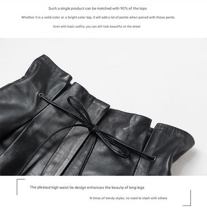 Women Leather Shorts High Waist Wide Leg Pleated Lace-Up