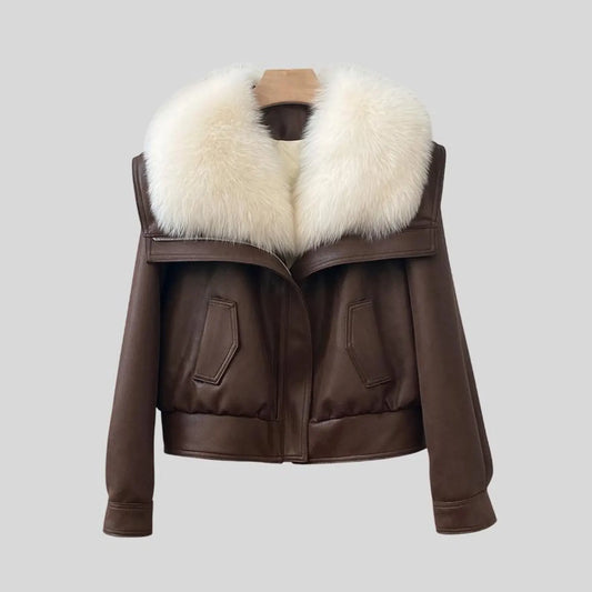 brown leather Shearling Fur Jacket Women's