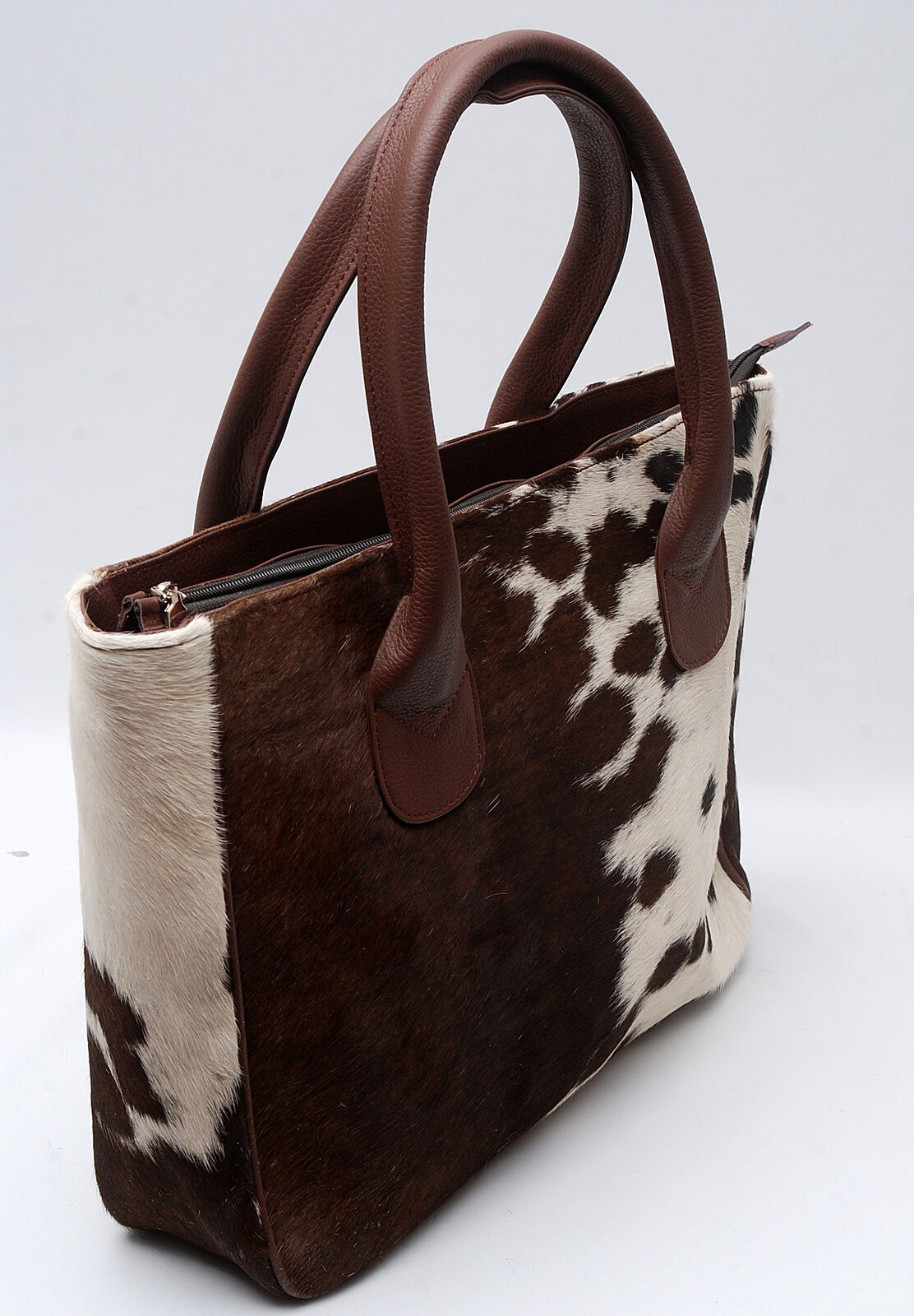 Genuine Dark Brown White Cowhide Tote Purse