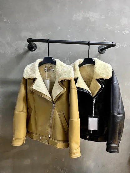Women Shearling Leather Jacket Real Wool Lining