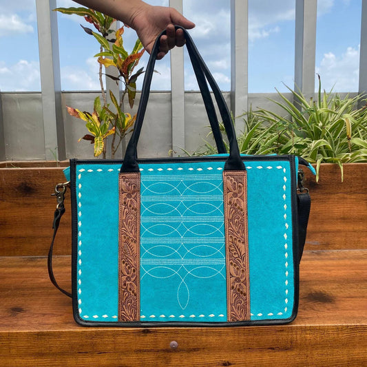 Turquoise Suede Tooled Leather Tote Bag