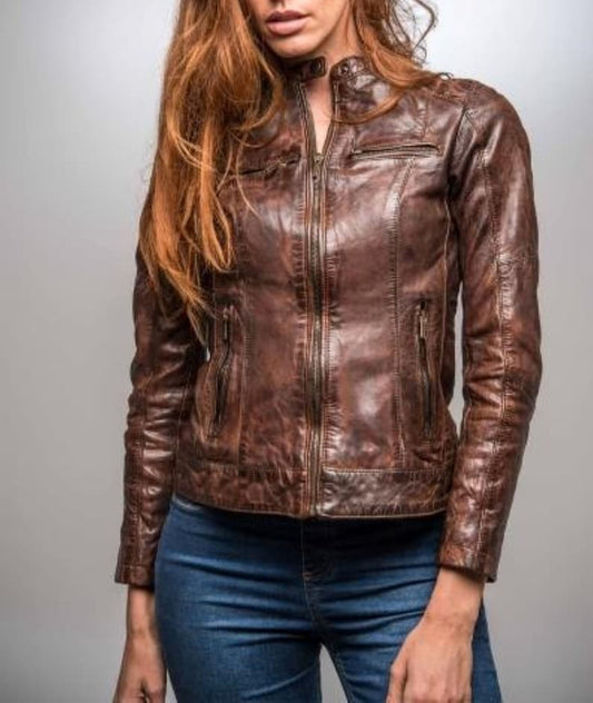 Women Brown Leather Distressed Jacket