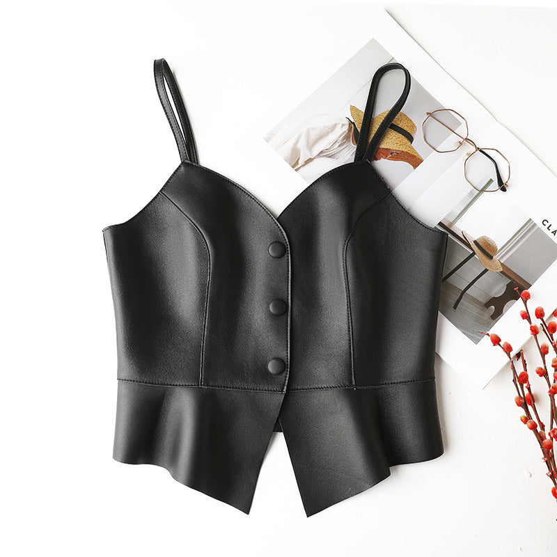 Women Genuine Leather Tube Top Black Bustier with Straps