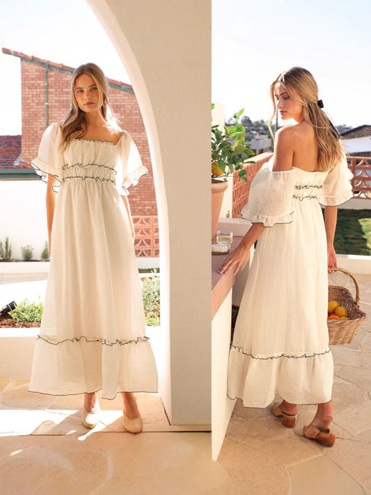 Off Shoulder Puff Sleeve White Maxi Dress