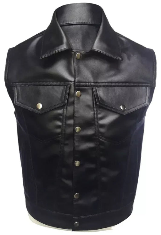 Black Leather Motorcycle Vest With Snap Pockets