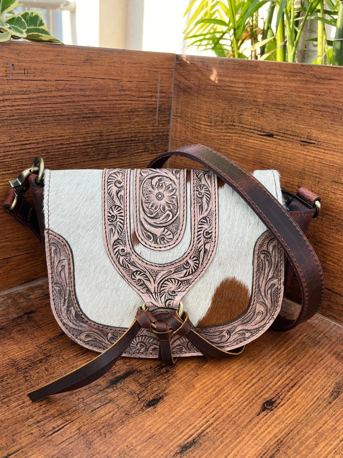 Western Tooled Leather Crossbody Cowhide Bag with Fringe