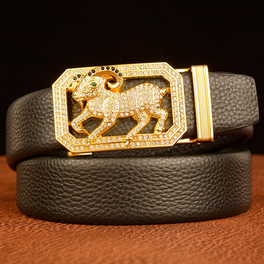 Men’s Sheep Zodiac Leather Rodeo Belt with Gold Buckle