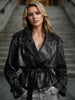 Women's Faux Leather Jacket Belted Waist Slimming Moto Biker Style