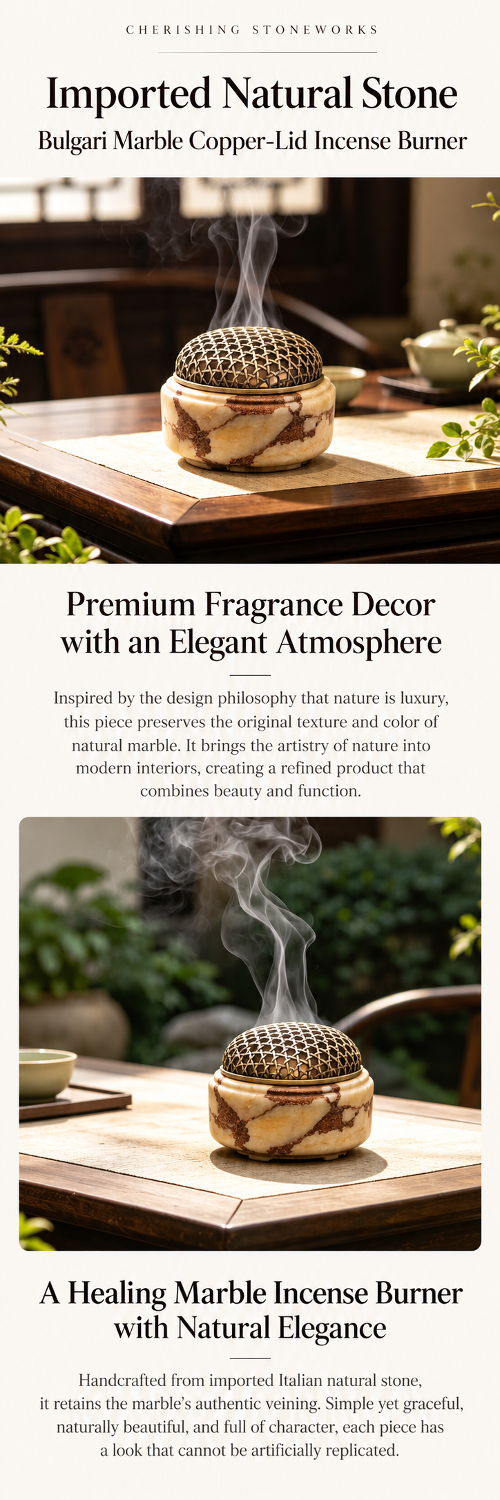 Incense Burner in Natural Marble with Decorative Metal Dome Lid