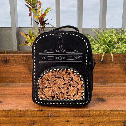 Cowhide Suede Backpack With Tooled Pockets