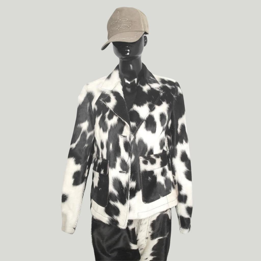 Black white cowhide fur coat for men and women. Genuine cowhide jacket perfect for rodeo, western wear, and winter warmth with unique hide patterns.