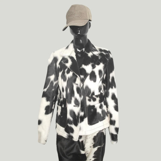 Black white cowhide fur coat for men and women. Genuine cowhide jacket perfect for rodeo, western wear, and winter warmth with unique hide patterns.