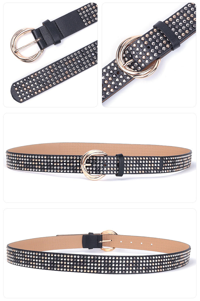 Five row rivet wide faux leather belt Black 105 cm