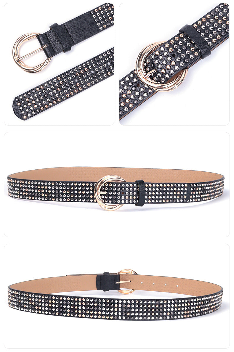 Five row rivet wide faux leather belt Black 105 cm