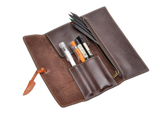 Genuine leather pencil case roll zipper
