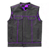 Black Leather Biker Vest Handmade Purple Lining