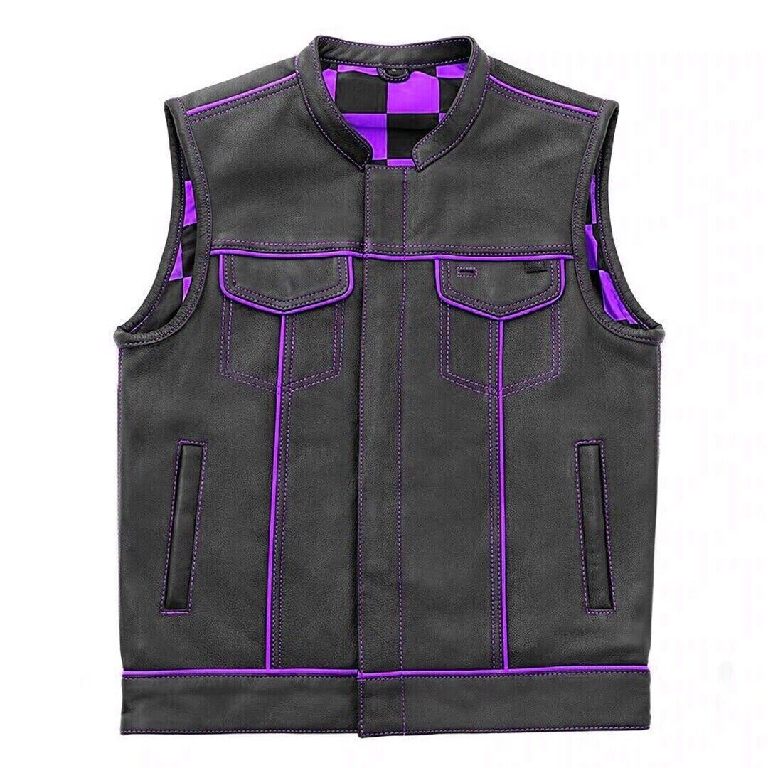 Black Leather Biker Vest Handmade Purple Lining