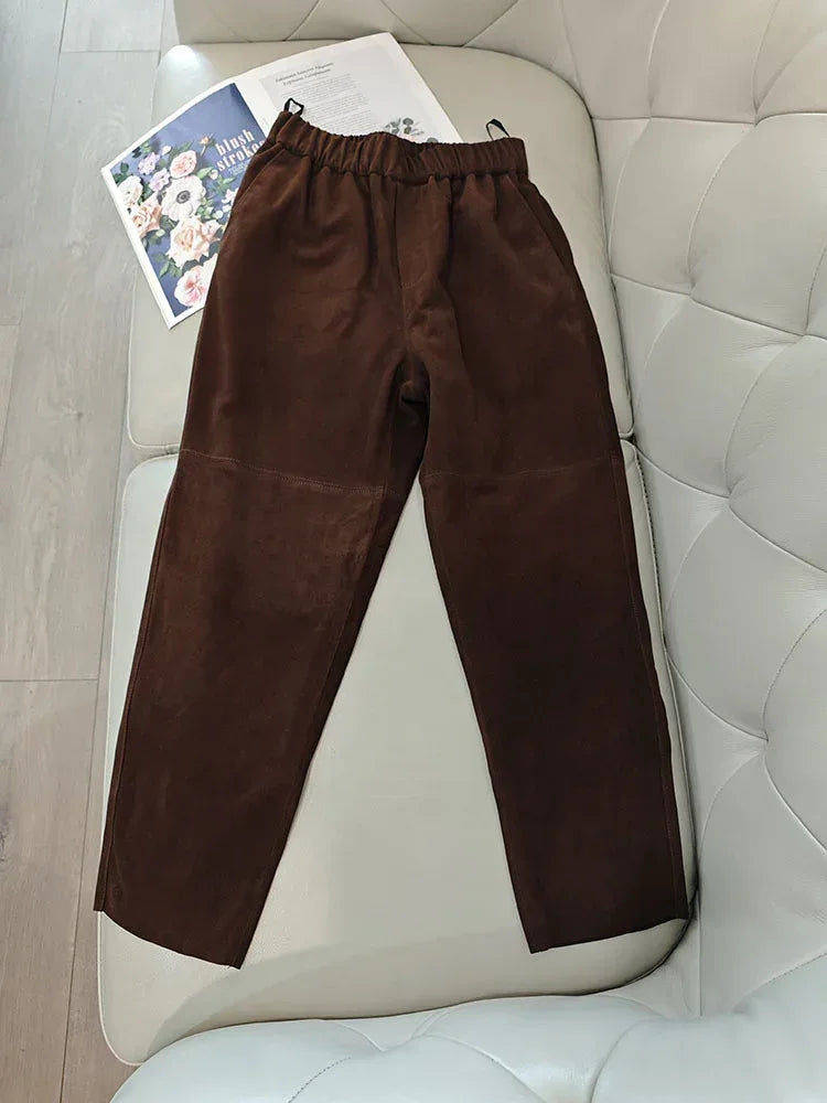 Women Suede Harem Pants High Rise Sheepskin Trousers 1 XS