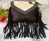 Real Hair On Cowhide Crossbody Bag With Fringes
