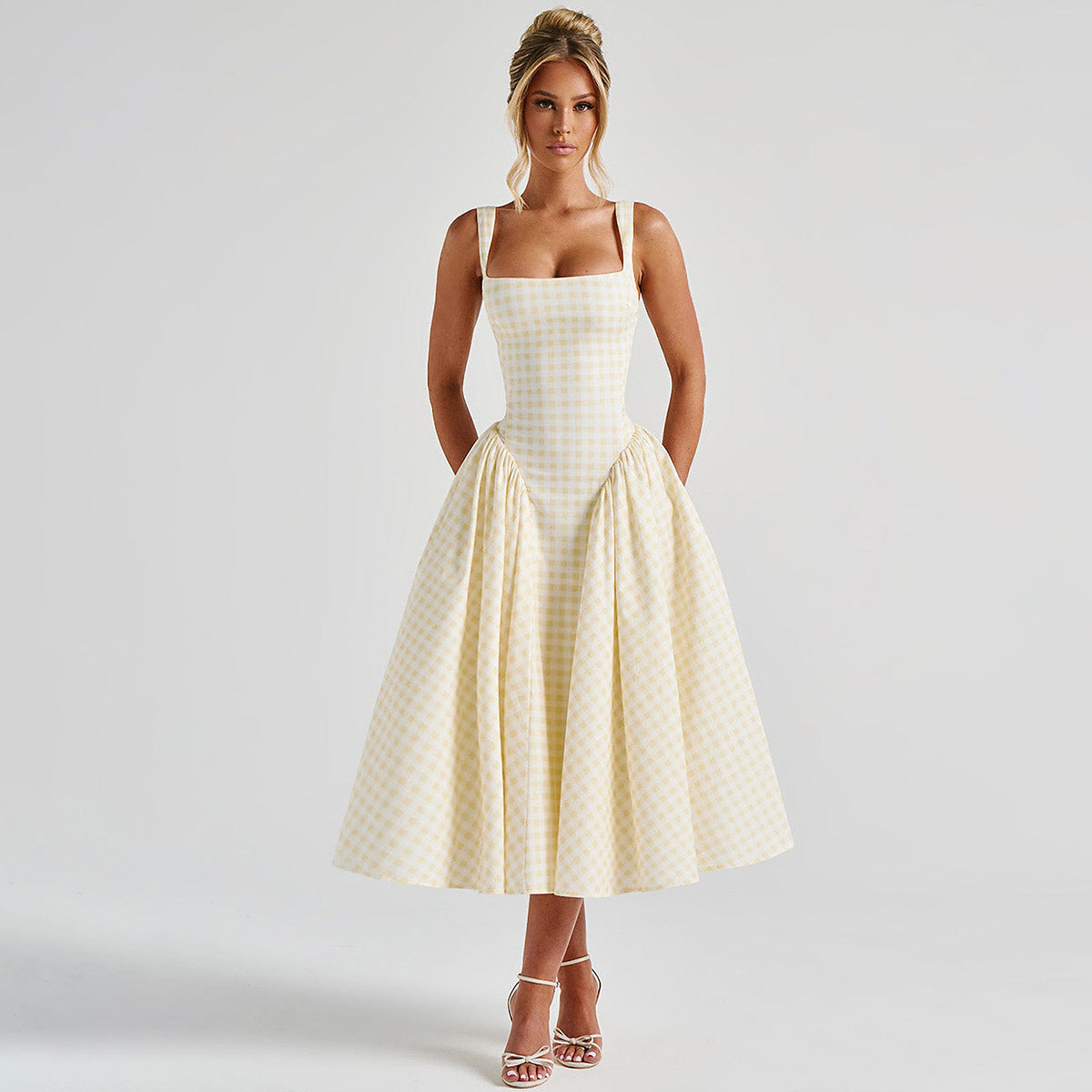 Gingham French Style Plaid Midi Princess Dress