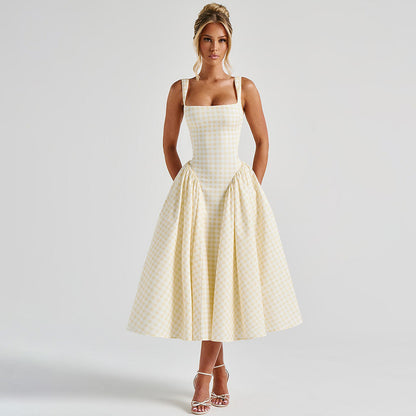 Gingham French Style Plaid Midi Princess Dress
