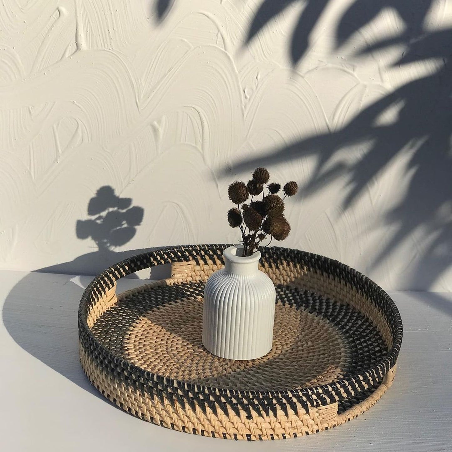 Wicker Rattan Round Tray With Handle