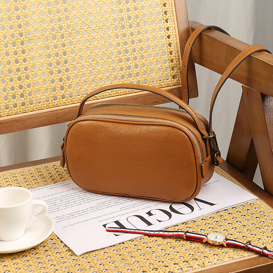 Women Leather Crossbody Bag With Double Zipper Compartments