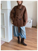 Women Wool Horn-Button Belted Funnel Coat 1 S