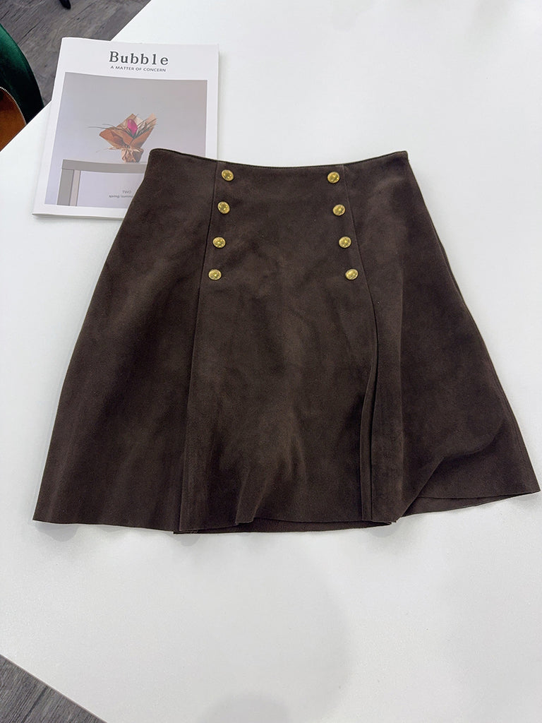 High-Waisted Suede Skirt with Gold Button Detail