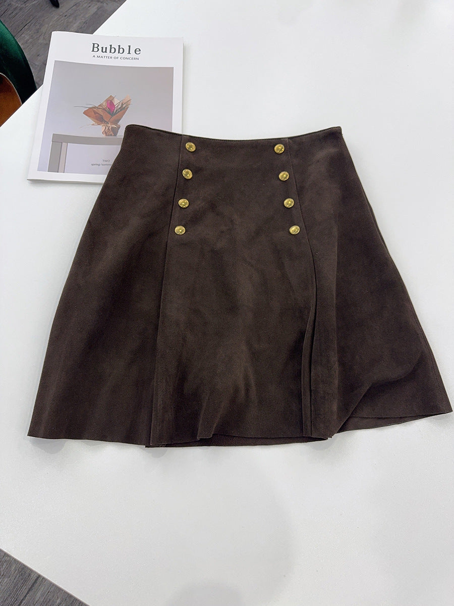 High-Waisted Suede Skirt with Gold Button Detail