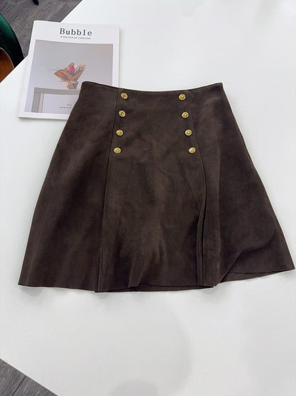 High-Waisted Suede Skirt with Gold Button Detail