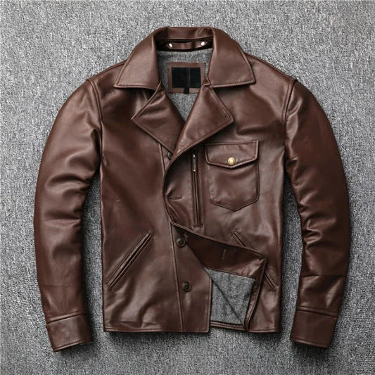 Men’s Oil-Waxed Calfskin Leather Biker Jacket