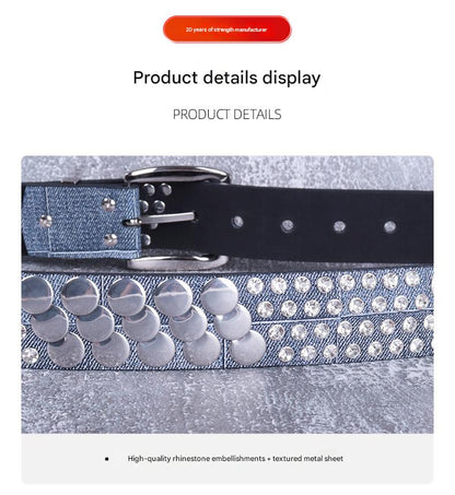 Women punk rhinestone stud faux leather belt