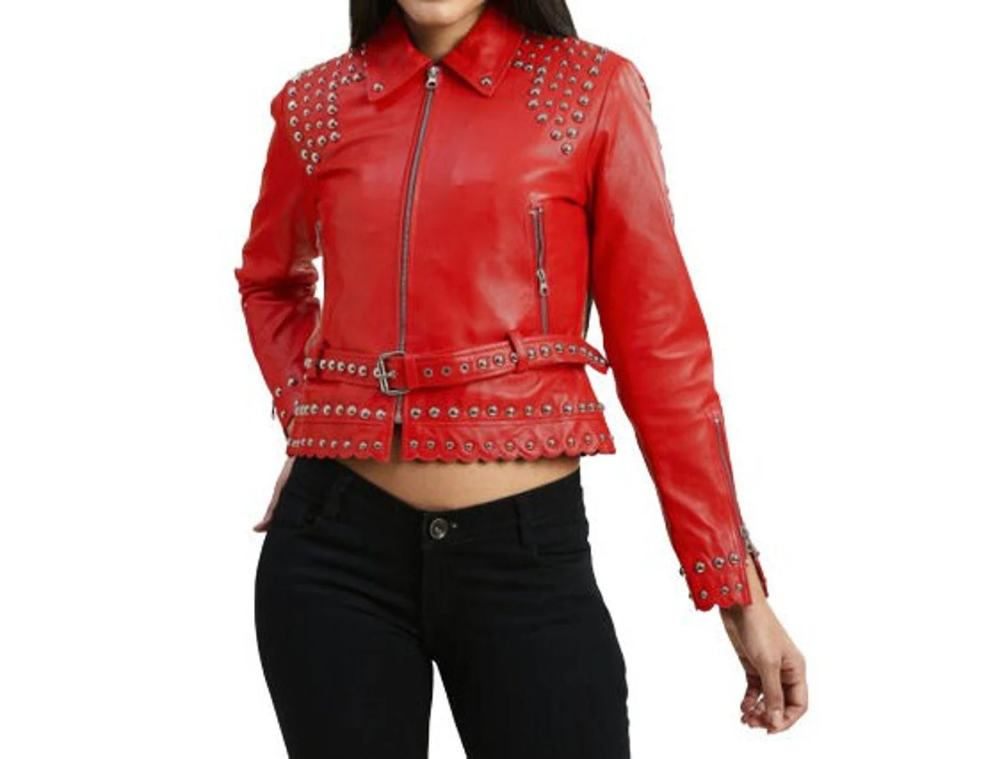 Women's Studded Red Leather Jacket with Belt