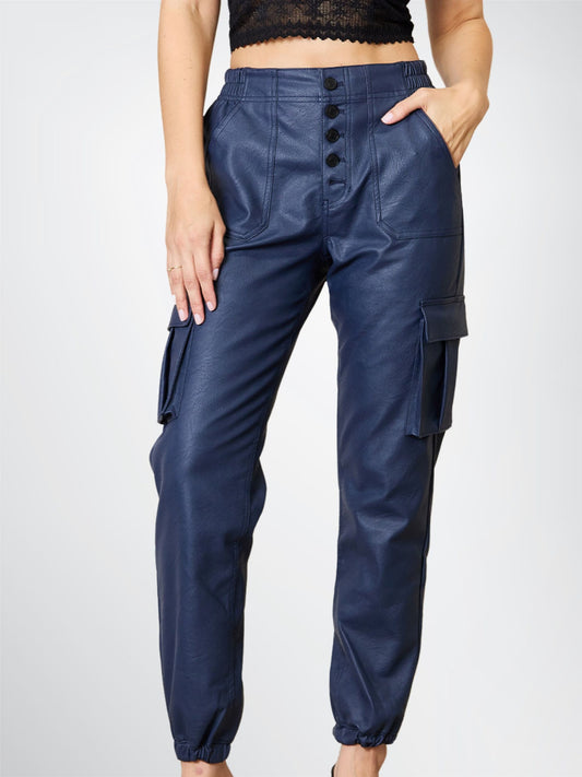 Elevate your look with blue leather trousers featuring high-waist cargo pockets, perfect for a statement style that combines comfort and boldness in one.