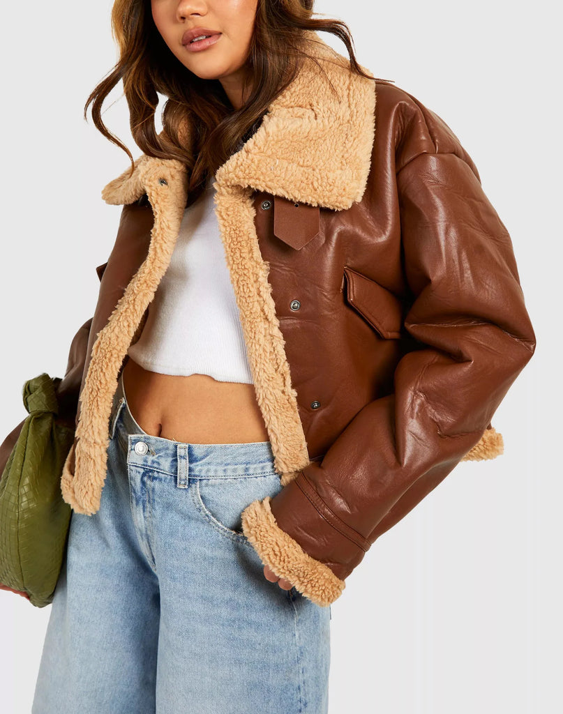 shearling fur leather bomber jacket women