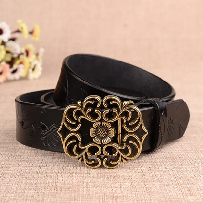 women’s genuine leather carved floral belt black 105 cm