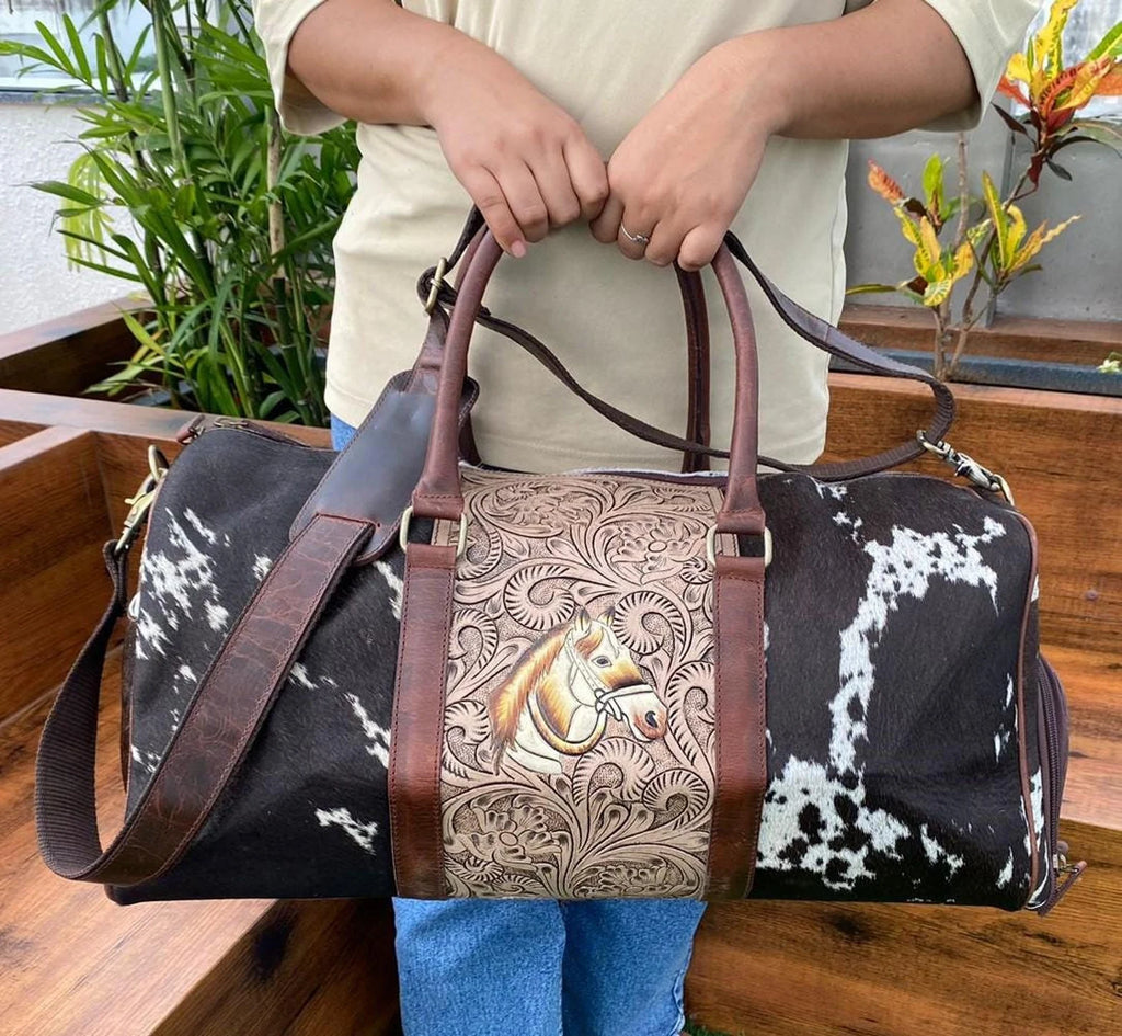 Tooled Cowhide Travel Duffle Bag