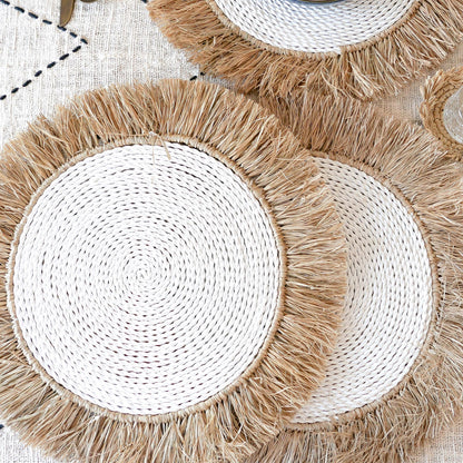 Natural Raffia fringed white placemat