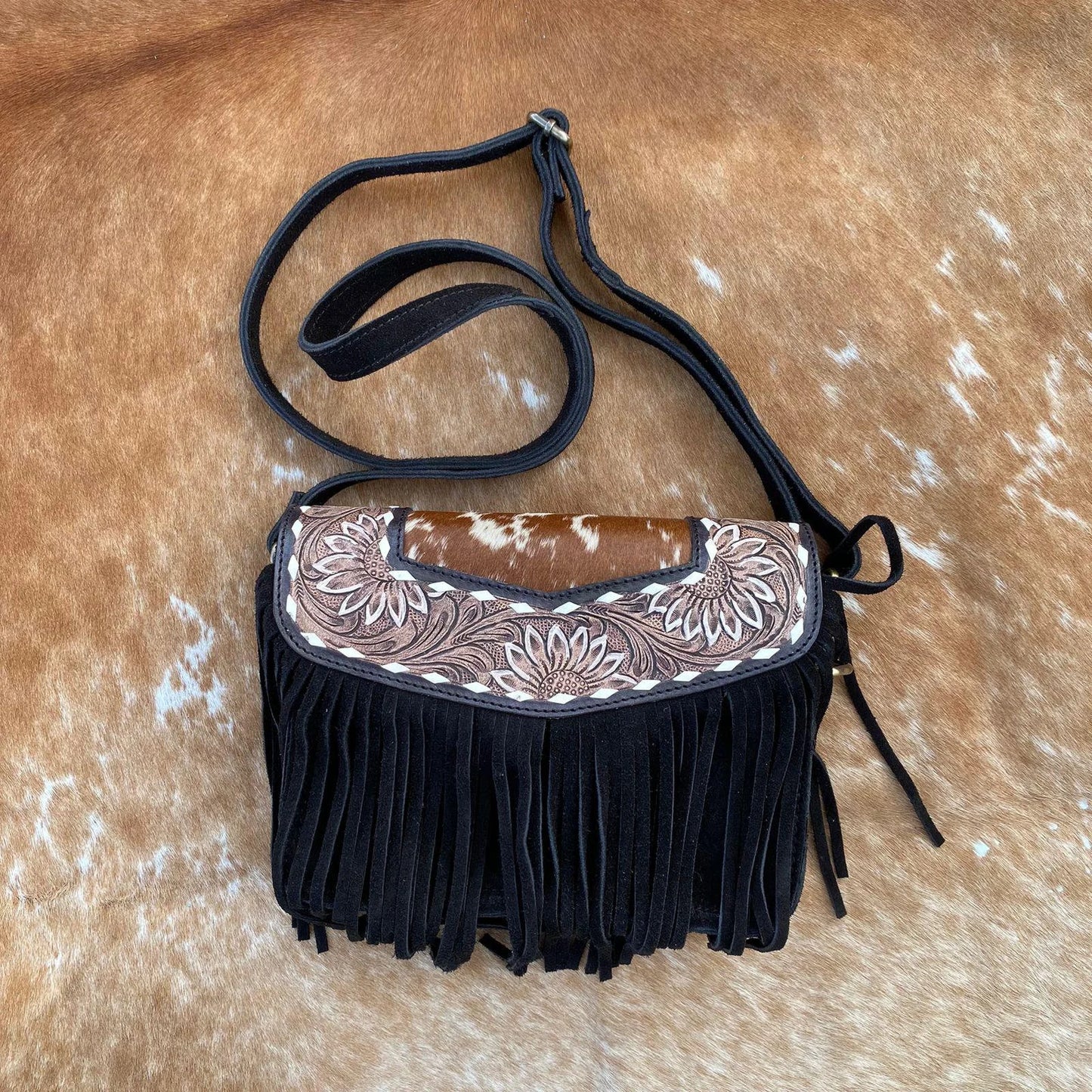 Cowhide Crossbody Bag With Fringes Tooled Lether